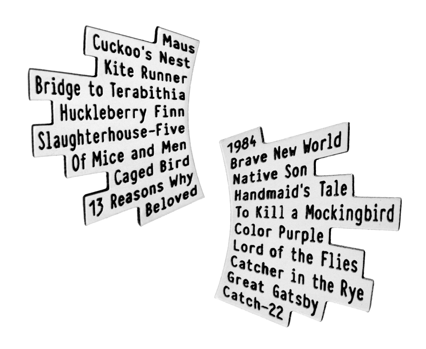 Stacked stud earrings engraved with banned book titles in a stepped, angular silhouette made from recycled acrylic