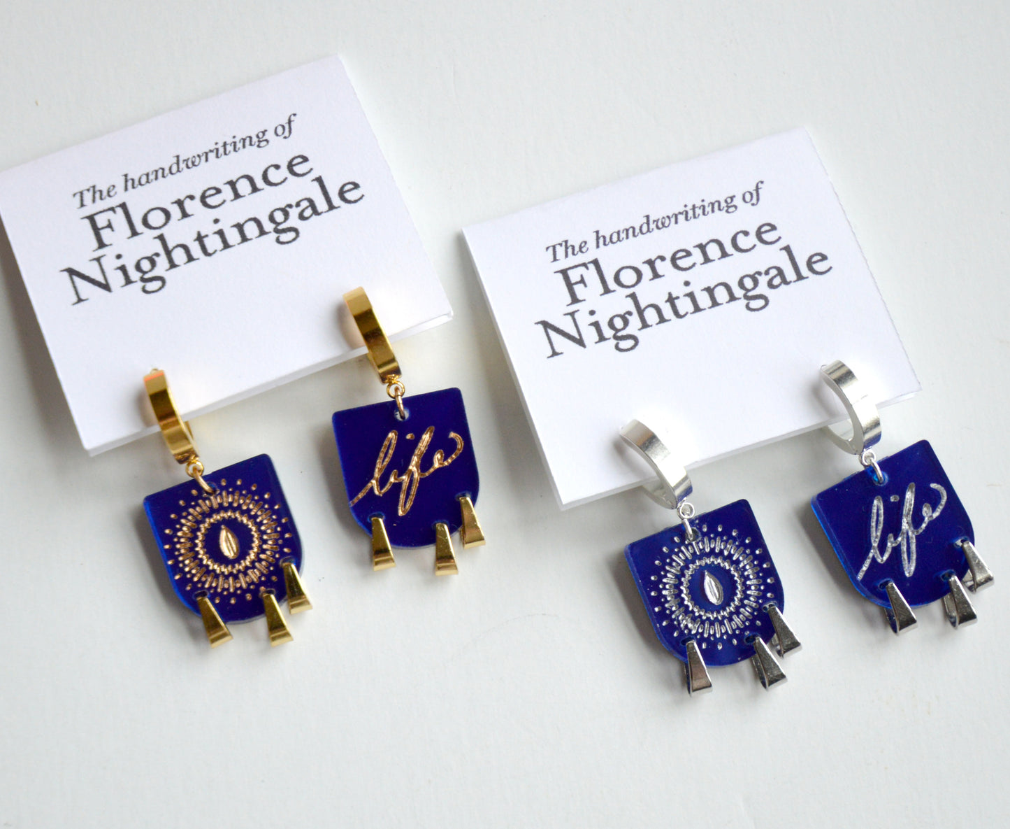 Florence Nightingale Handwriting Earrings - 'Life' - Gold/Silver